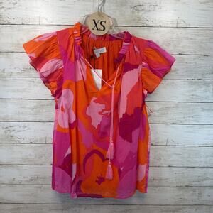 Merim Floral Deniza Split Neck Ruffle Top